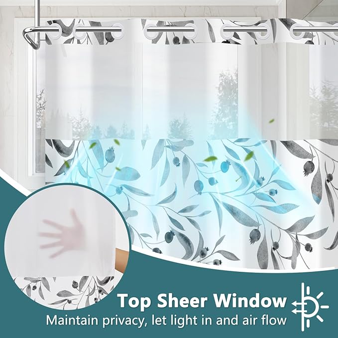 TQUQOBU No Hook Grey Leaves Shower Curtain and Liner Set, Modern Botanical Aesthetic Hotel Style Waterproof Fabric Shower Curtain with See Through Top Window, Machine Washable, 71x74 Inch