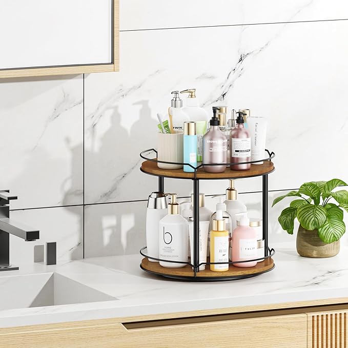 MUTUALUS 12.4" Lazy Susan Organizer 2 Tier - Rotating Spice Rack, Wooden Spinning Spice Holder for Inside Cabinet, Pantry, Kitchen, Countertop, Bathroom and Vanity, Versatile Storage