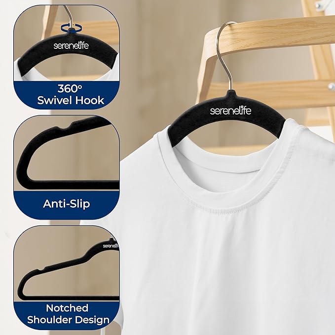 SereneLife Non-Slip Velvet Hangers, Mega Pack, 150 Pieces Hangers for Clothes, Heavy Duty Cloth Hanger Set with 360 Degree Swivel Hook, Black