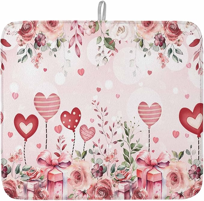 Valentine's Day Dish Drying Mat for Kitchen Counter Pink Love Heart Drying Pad Absorbent Drying Mats for Countertops Sinks Draining Racks Rose Gift Drainer Valentines Holiday Decorations 18x24 Inch