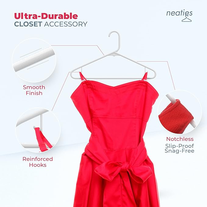 Neaties Plastic Hangers 100 Pack – Made in The USA – 6lb Capacity Standard Clothes Hangers with Strap Hooks for Dresses, Lingerie, Shirts, Pants, and Jackets – Gray