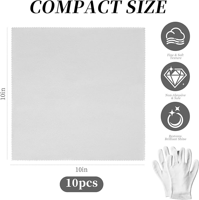 Silver Polishing Cloth, Jewelry Cleaning Kit, 10PCS Cleaning Polishing Cloth 2PCS White Cotton Gloves, Jewelry Cleaner Cloth for Sterling Silver Jewelry, Gold, Platinum, Silverware, Diamonds, Gemstone