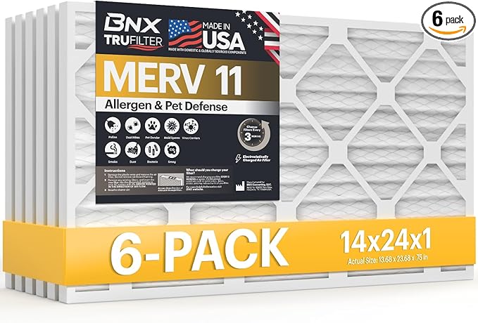 BNX TruFilter 14x24x1 Air Filter MERV 11 (6-Pack) - MADE IN USA - Allergen Defense Electrostatic Pleated Air Conditioner HVAC AC Furnace Filters for Allergies, Dust, Pet, Smoke, Allergy MPR 1200 FPR 7