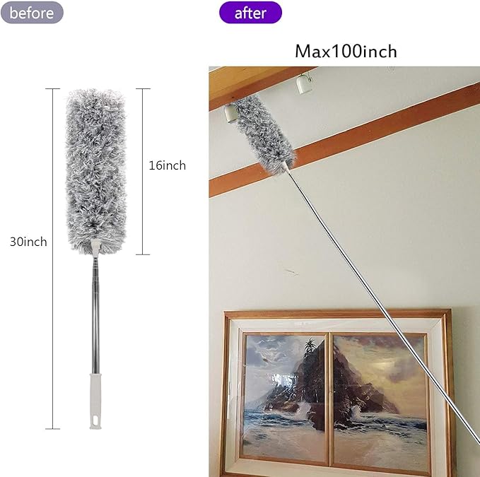 UIMO Microfiber Ceiling Fan Cleaner with 30–100" Telescopic Pole – Extendable Duster for High Ceilings and Fans, Bendable Washable Head, Reusable Cleaning Tool for Furniture, Cars, Keyboard