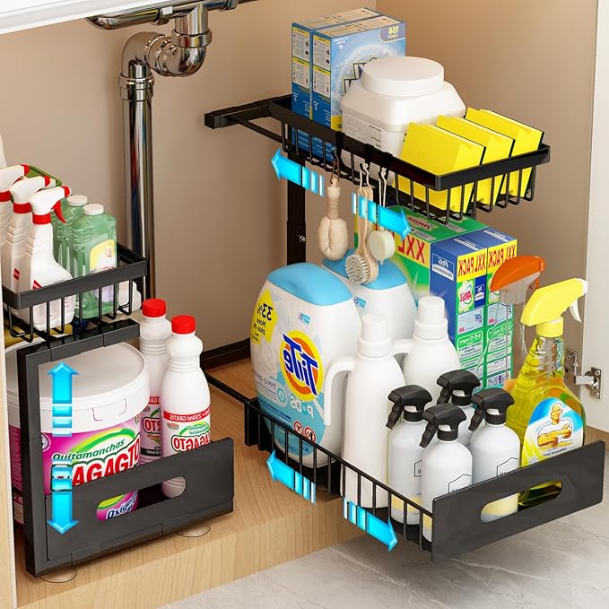 ADBIU Under Sink Organizer(10 Seconds Installation), 2 Packs 2 Tier Expandable Height (11" - 16") Under-Sink Organizers Slide out Pull out Bathroom Kitchen Organizers And Storage
