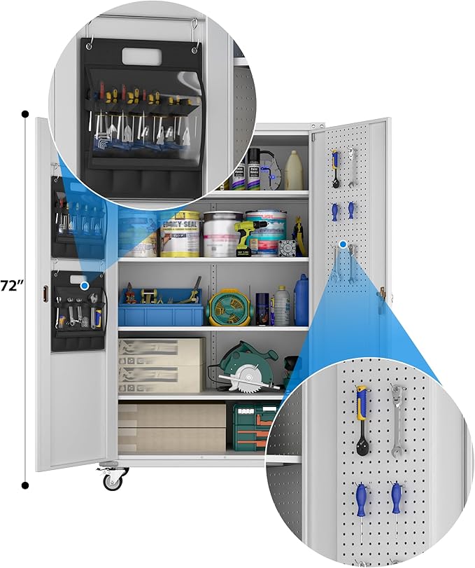 Upgraded Wide and Deep Garage Storage Cabinet with Wheels and Doors,Metal Storage Cabinet with Pegboards and 4 Adjustable Shelves for Garage Home Basement,Required Assembly,White,43.3"Wx21.9"Dx72"H