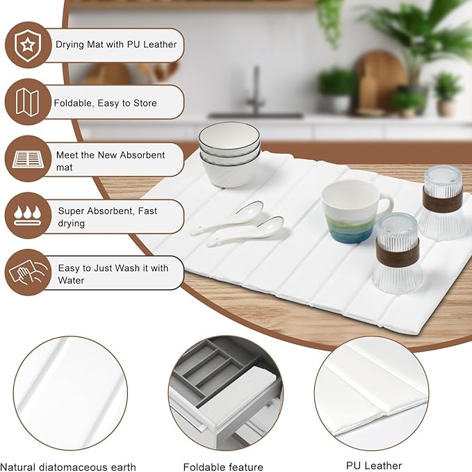 Large Stone Drying Mat for Kitchen Counter with PU Leather, Quick Drying Collapsible Dish Drying Mats,25"(L)×16"(W) Absorbent Diatomaceous Earth Mats for Dishes Bottles Cups,Match Any Countertop