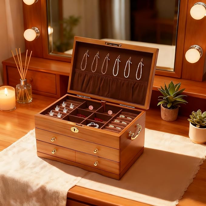 3-Layer Jewelry Box Organizer with Lock and Hooks, Wooden Jewelry Boxes Holder with 2 Drawers,Jewelry Storage & Organizers for Rings, Earrings, Bracelets, Necklaces,Christmas New Year Gifts