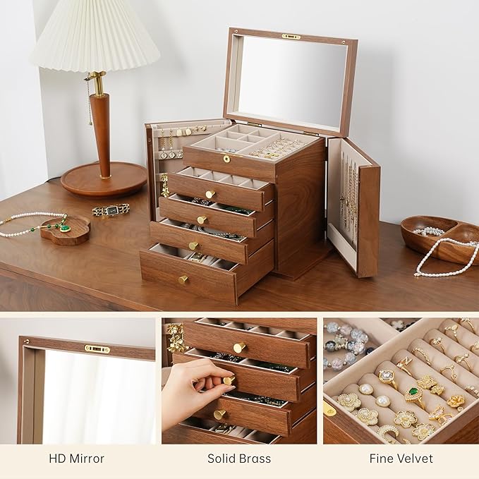 Walnut Wooden Jewelry Box,5-Layer Mirror,Velvet Jewelry Organizer with 11.8x7.8x10.4 Inches,Side Doors Brass Handle Jewelry Organizers Storage for Women Bridesmaid Christmas Gifts