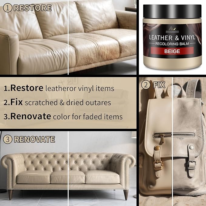 Leather Recoloring Balm with 100ml Mink Oil, Beige Leather Repair Kit and Scratch Remover for Furniture, Car Seats, Sofas, Dye & Restorer for Couches, Vinyl, PU, Faux