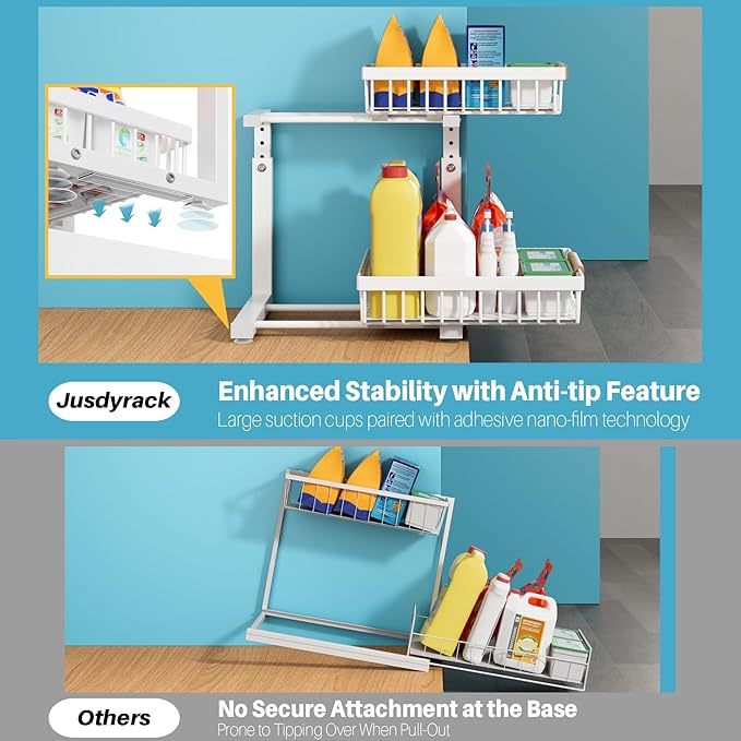 1 Packs Under Sink Organizer,Small Shelf for narrow spaces,2 Tiers Pull Out Under Cabinet Organizer,Adjustable Height,Slide Out Thickened Metal Under White