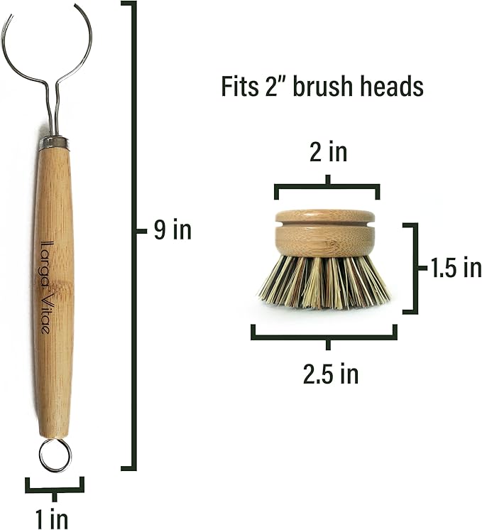 Larga Vitae Wooden Dish Brush Handles Made of Renewable, Biodegradable Bamboo, 3 Replacement Handles for Round 2 in Wide Tampico, Palm, Sisal Hemp, and Other Natural Fiber Bristle Brush Heads (Thick)