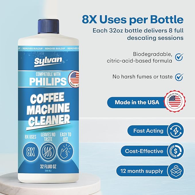 Descaling Solution Compatible with Philips Saeco | Free Cleaning Cloth | 12 Month Supply | Made in the USA | Descaler for Philips Machines | 32 Oz | Coffee Machine Cleaner and Decalcifier