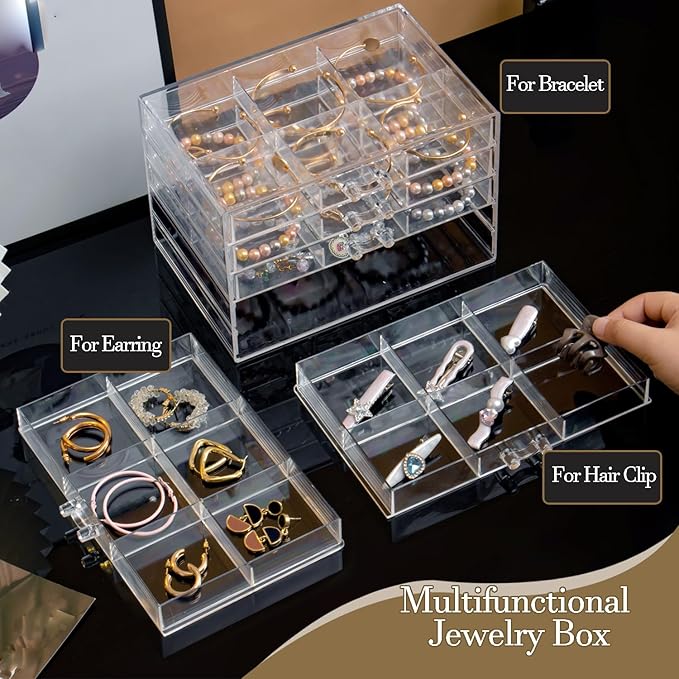 SPAKOWN Earring Organizer, Acrylic Earring Box Large 30 Compartments Jewelry Holder Organizer with 5 Drawers Stackable Earring Bracelet Storage Case Jewelry Boxes for Women (Clear)