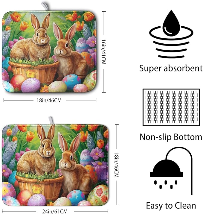Kwlegh Easter Bunny Eggs Dish Drying Mat for Kitchen Counter, Tulip Floral Flower Drying Mat Spring Summer Holiday Dish Mat Drying Kitchen Mat Absorbent Kitchen Drying Mat for Sink 16x18Inch