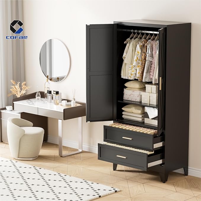 COFaR Metal Wardrobe Closet with Doors, 71'' Tall Farmhouse Bedroom Armoires with Drawers and Hanging Rod, Freestanding Steel Wardrobe Garage Closet for Bedroom Home Office Garage, Black