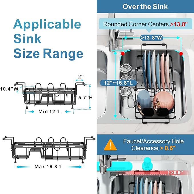 iSPECLE Small Sink Dish Drying Rack with Cup Holder, Expandable Rust Resistant Dish Drainer for RV Kitchen, Dish Rack with Tightening Knob, Arms with Non Slip Rubber, Fit Sink 12"-16.8" L, Black