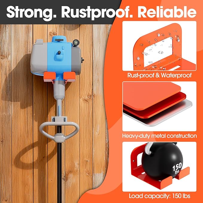 Weed Eater Hanger, Garage Organizer Trimmer Rack, Matel Wall Hooks Weed Wacker Holder, Heavy Duty Garden Tool Organizer for Grass Trimmer, Hedge Trimmer, Garage Tools Storage, Orange 1-Pack
