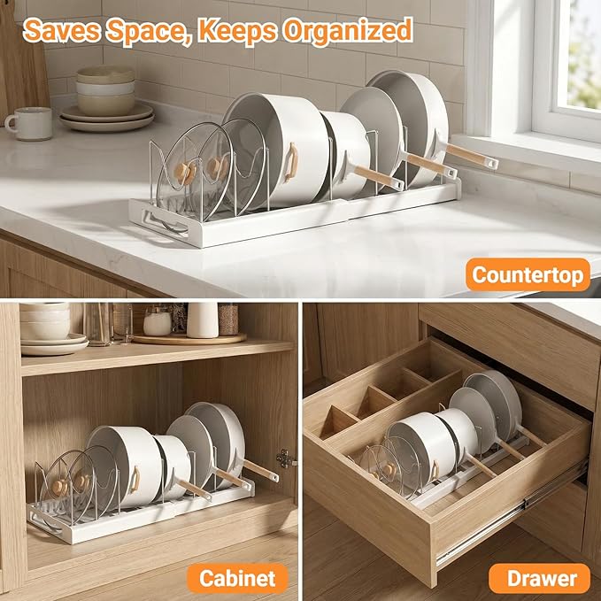 Beruyu Expandable Pot and Pan Organizer Rack for Cabinet, Pot Lid Organizer Holder with 7 Stainless Steel Adjustable Dividers for Kitchen Cabinet Organizer and Storage (White)