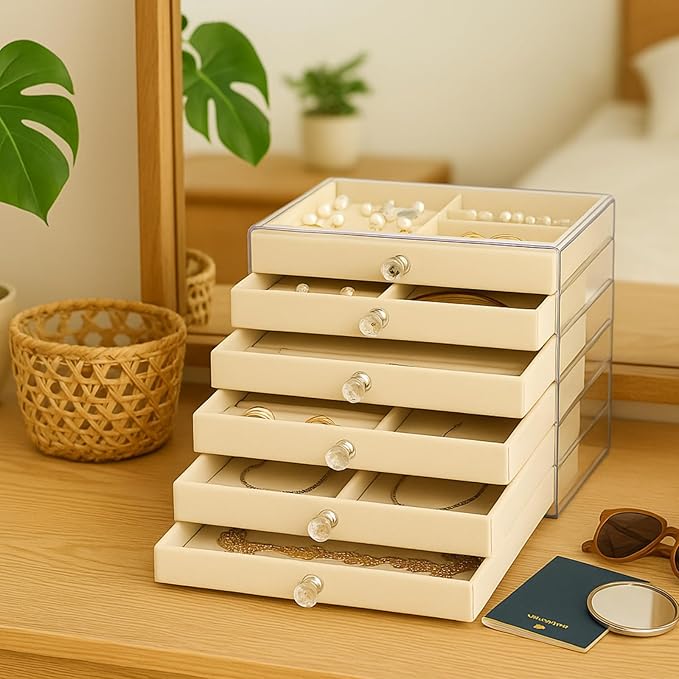 Earring Holder Organizer, Acrylic Jewelry Box with 6 Drawers, Earring Storage Box for Earrings, Rings, Necklaces, Bracelets, Jewelry Organizer and Storage for Women, Velvet Trays, Christmas Gift