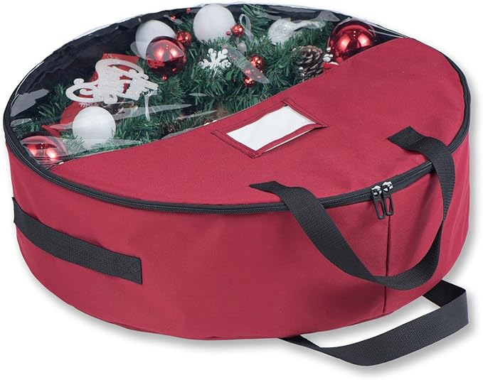 Christmas Wreath Storage Bag 24 inch Christmas Decoration Container with Transparent Window Garland Storage Bag with Three Handles Double Zipper (red) (24")
