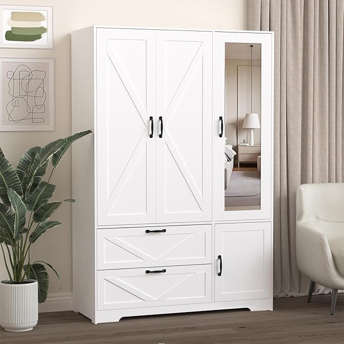 Armoire Wardrobe Closet with Mirror and 2 Drawers, 72''H Bedroom Armoire Wardrobe Cabinet with Hanging Rod and Light,Wooden Bedroom Closet with 3 Door