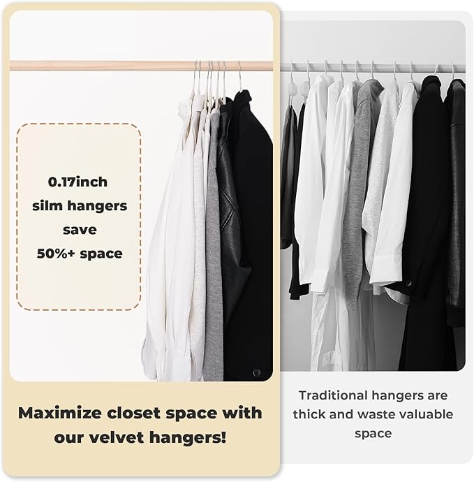 Limogoo Ivory Velvet Hangers 50 Pack, Felt Covered Non Slip Fabric with Stackable Cascading Hook, Ultra Thin and Space Saving with 360° Swivel Neck, 15Lbs Capacity for Clothes, Suit, Shirt, Coat