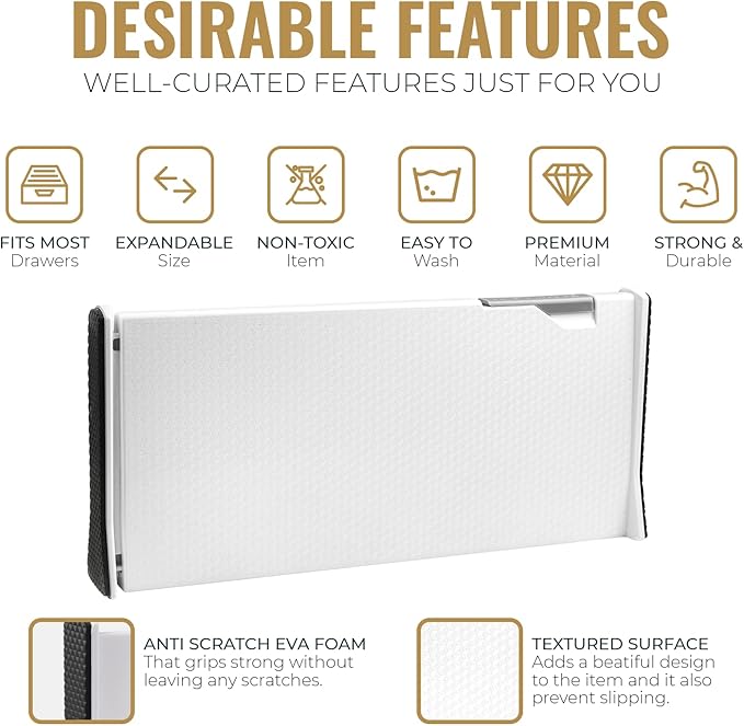 RAPTUROUS Adjustable Deep Drawer Divider – 6" Tall, Expandable 13-22", 8-Pack, Non-Slip Drawer Dividers for Clothes, Dresser, Kitchen & Office Organization (White)