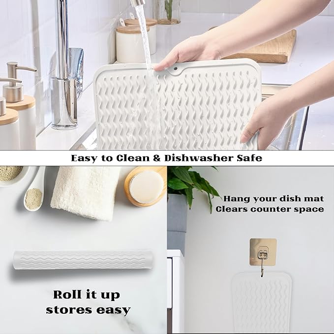 ZLR Silicone Dish Drying Mat & Heat Resistant Trivet (12" x 16") - Waterproof Counter Protector for Air Fryer, Coffee Maker - Non-Slip, BPA Free Kitchen Pad, Easy Clean Dishwasher Safe (Milk White)