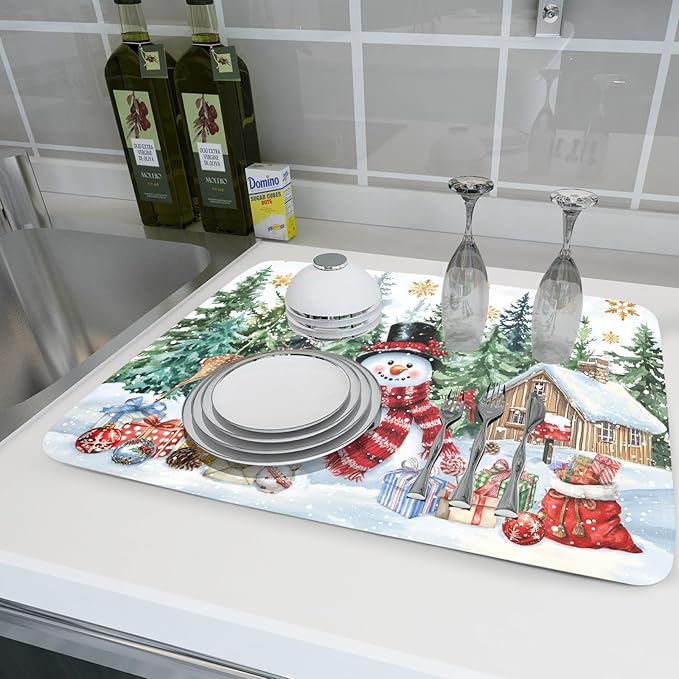 Christmas Kitchen Drying Mat 18 x 24 Inch Xmas Snowman Drying Pad Snowflake and Tree Pattern Absorbent Reversible Microfiber Mats Winter Dish Rack Pad Drainer Mat for Coffee Bar Decor