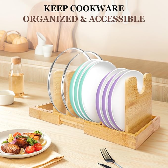 Bambition Bamboo Pot Lid Organizer, Pots and Pans Organizer Inside Cabinet, Pot Lids holder for Kitchen Countertop