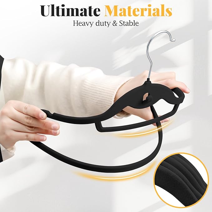 UEAKPIC Velvet Felt Stackable Hangers 50 Pack, Non Slip, with 360° Swivel Hook, Ultra Thin and Space Saving for Suits, Shirts, Coats, 15Lbs Capacity Heavy Duty, Black
