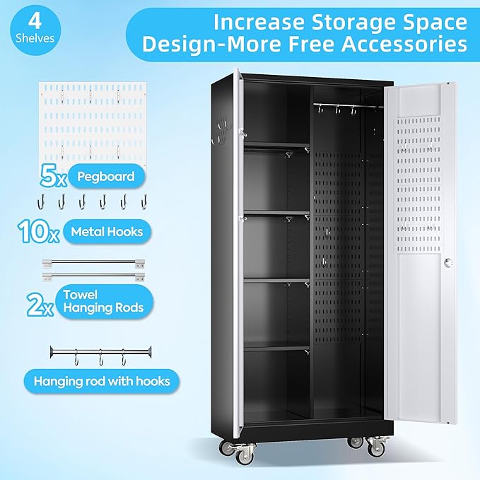 Metal Broom Closet Storage Cabinet with Hanging Rod, 71" H Garage Storage Cabinet with Wheels and Pegboard & 13 Hooks for Garage, Home, Black and White, Assembly Required