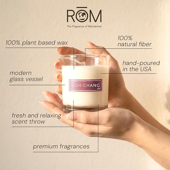 RŌM Luxury Scented Candles for Home, KOH Chang - Soy Wax 9oz, Jar Soy Candles for Home Scented Aromatherapy, Christmas Gift for Women, 60 Hours Burn Time