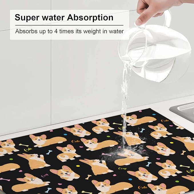 Cute Corgi Dish Drying Mat 18 x 24 Inch for Kitchen Counter Cute Kitchen Mat Microfiber Kitchen Countertop Absorbent Reversible Drainer Rack Pad Dog Dish Drying Mat