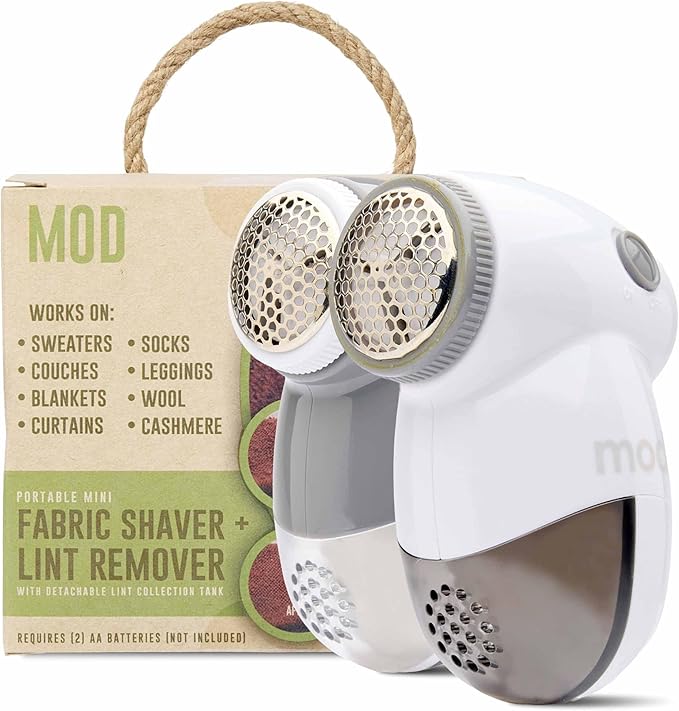 MOD 2 Pack Portable Fabric Shaver and Lint Remover, Reusable Pet Hair Remover, Lint Roller for Clothes, Sweater Shaver, Couch, Blankets with Detachable Lint Collector Tank, Battery Operated, Grey