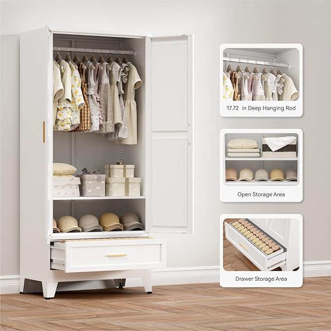 COFaR Metal Armoire Wardrobe Closet with Drawer, 71'' Tall Farmhouse Bedroom Armoires with Doors and Hanging Rod, Freestanding Steel Wardrobe Cabinet Coat Closet for Bedroom Home Office, White