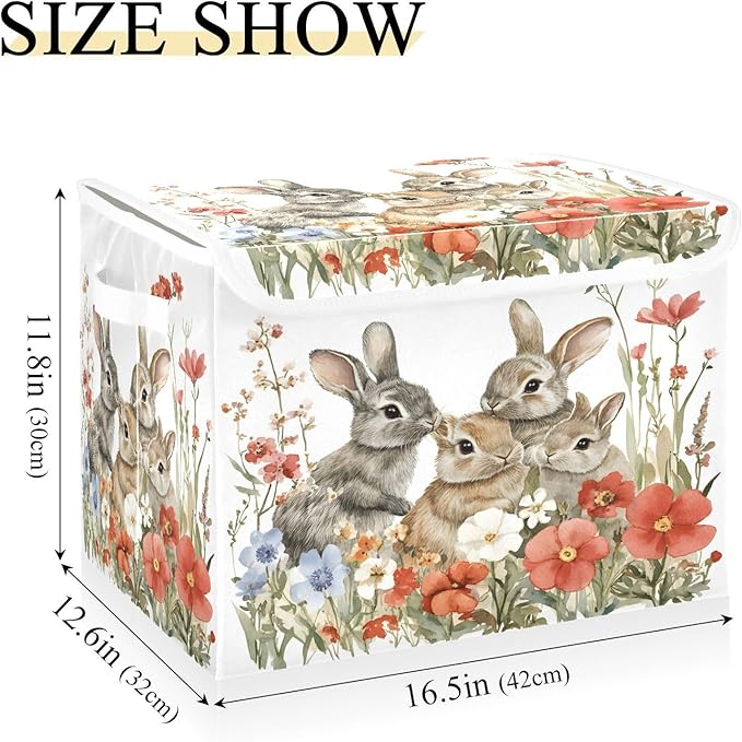 senya Easter Baskets Collapsible Storage Bins with Lids, Red Flowers Bunnies Storage Boxes Clothes Baskets for Organizing