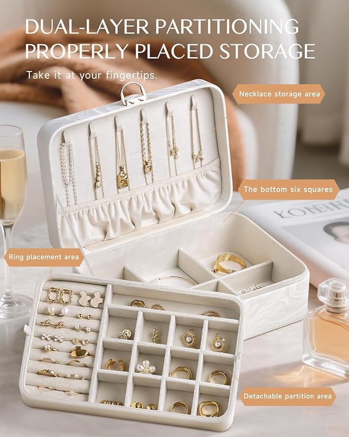 CASEGRACE 2-Layer Jewelry Box with Removable Tray, Portable Jewelry Organizer for Earrings Necklaces Rings, Gift for Women Girls on Birthday Valentine's Day (Fluorescent white)