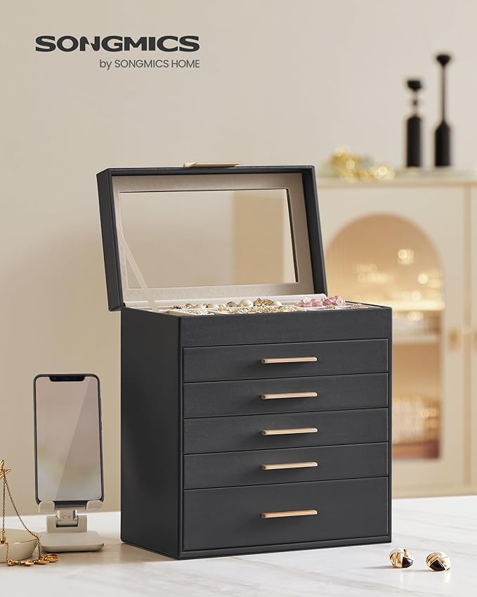 SONGMICS Jewelry Box Organizer with Glass Lid, 6-Layer Jewelry Storage, with 5 Drawers, Modern Style, 6.4 x 9.9 x 11.4 Inches, Graphite Black and Gold Color UJBC171B01