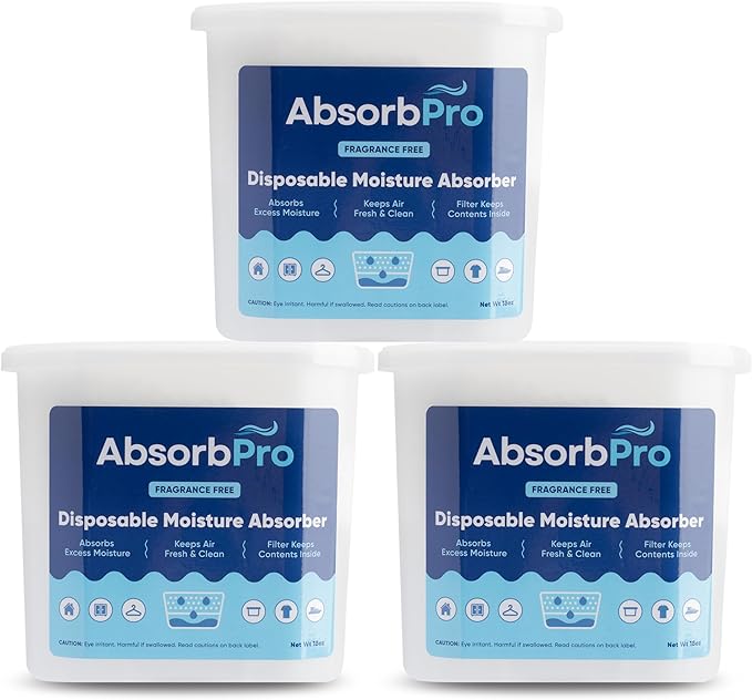 Absorb Pro - Moisture Absorber Tub Fragrance Free - 3-Pack - 18 oz Unscented Disposable Odor Eliminator Box & Dehumidifier for Garage, Home, Kitchen, Bedroom, Bathroom, Closet, Cars, and Boats
