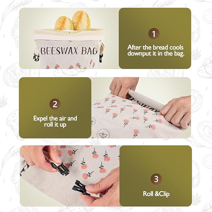 2026 New Upgrade 2-Pack Reusable Beeswax Bread Bags for Homemade Bread Sourdough, 17"×13"Natural XL Beeswax 100% Linen Moisture-proof Lined Storage Bags with Buckle& 1 Bowl Covers,Keeps Fresh Longer