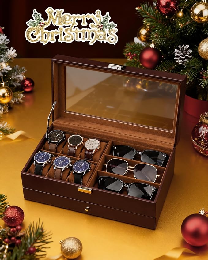 Jenseits Watch Organizer & Jewelry Box for Men – 6 Watch Slots, 3 Sunglass Slots, Drawer for Rings, Bracelets & Cufflinks, 2-Layer Leather Watch Display Case w/Glass Lid, Gift for Men & Women, Brown