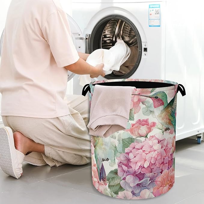 Hummingbird Laundry Hamper,Pink Flower Floral Dirty Clothes Laundry Basket with Handles Waterproof Oxford Cloth Storage Basket for College Dorms Bathroom Bedroom 16" x 20.8"