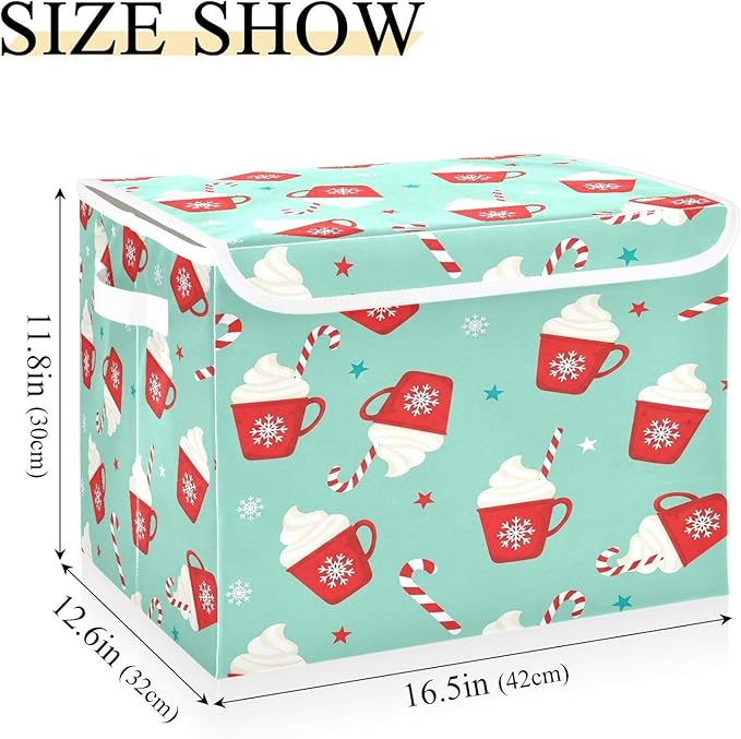 Red Mug Snowflake Whipped Cream Storage Bins with LidsChristmas Foldable Storage Basket with Handles Collapsible Large Fabric Organizer Containers for Clothes Shelves Closet Office Home