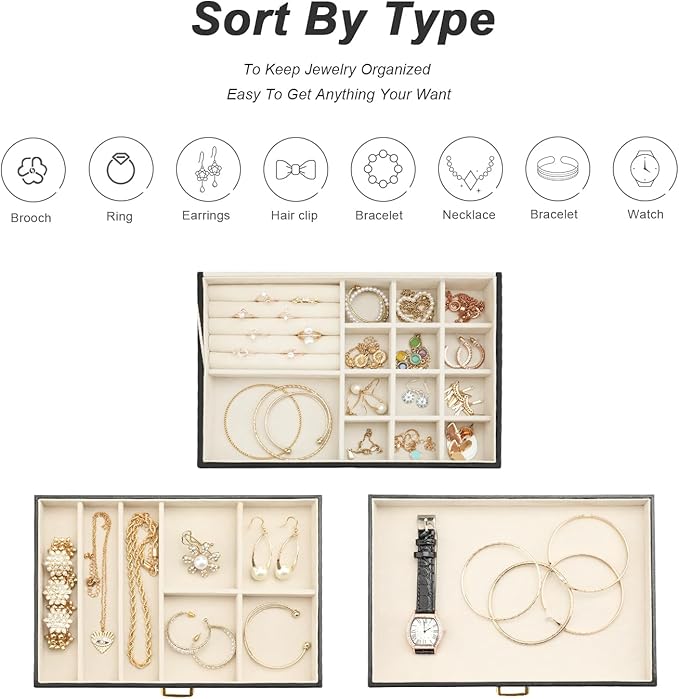 Jewelry Boxes for Women, Jewelry Holder Organizer for Christmas Gift, Jewelry Boxes & Organizers for Rings Earring Necklace Bracelet Watch, Black