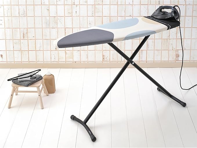 Brabantia Size D Ironing Board (53x18 in) Heat Resistant Parking Zone, Silver Frame, Non-Slip Feet, Suitable for Sit Down Ironing (Spring Bubbles)