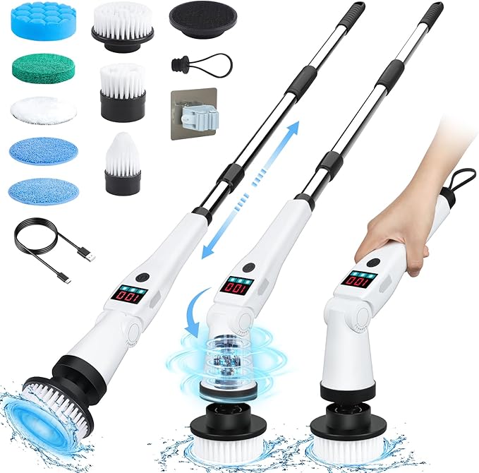 Hdyfix Electric Spin Scrubber, Shower Scrubber with Long Handle & 3 Speeds, 5200mAh Rechargeable Cordless Power Scrubber, Retractable & Adjustable Angle Spin Brush for Cleaning Bathroom/Tub/Floor/Tile