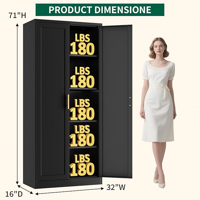 CJF Black Kitchen Pantry Cabinet,71 Inch Tall Metal Storage Cabinet with 4 Adjustable Shelves and Doors, Freestanding Pantry Cabinet for Kitchen, Living Room, Dining Room, Bathroom, Easy to Assemble