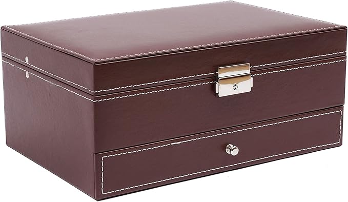 2-Layer Retro Jewelry Box Organizer with Mirror and Lock,Leather Jewelry Box for Womens Girls,Brown Jewellery Holder Organizer Box for Necklace Earrings Rings Bracelets, Christmas New Year Gift
